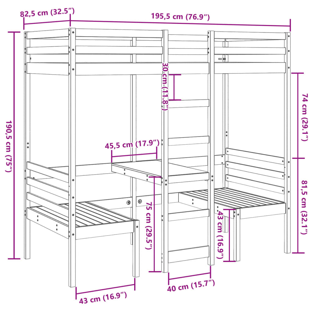 vidaXL Hoogslaper met bureau en stoelen grenenhout wit 75x190 cm