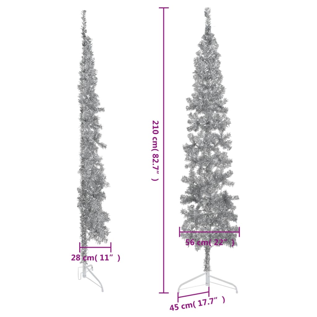 vidaXL Kunstkerstboom half met standaard smal 210 cm zilverkleurig