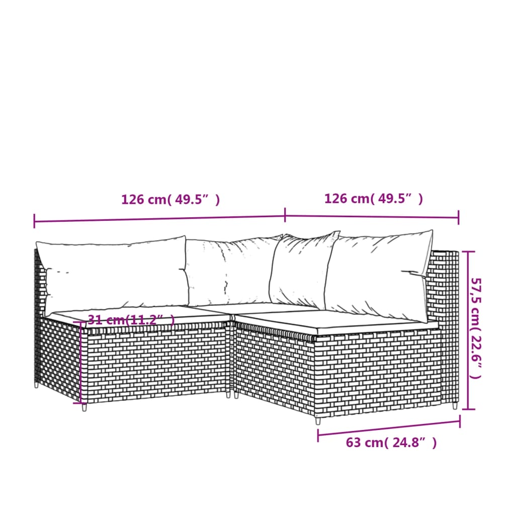 vidaXL 3-delige Loungeset met kussens poly rattan grijs