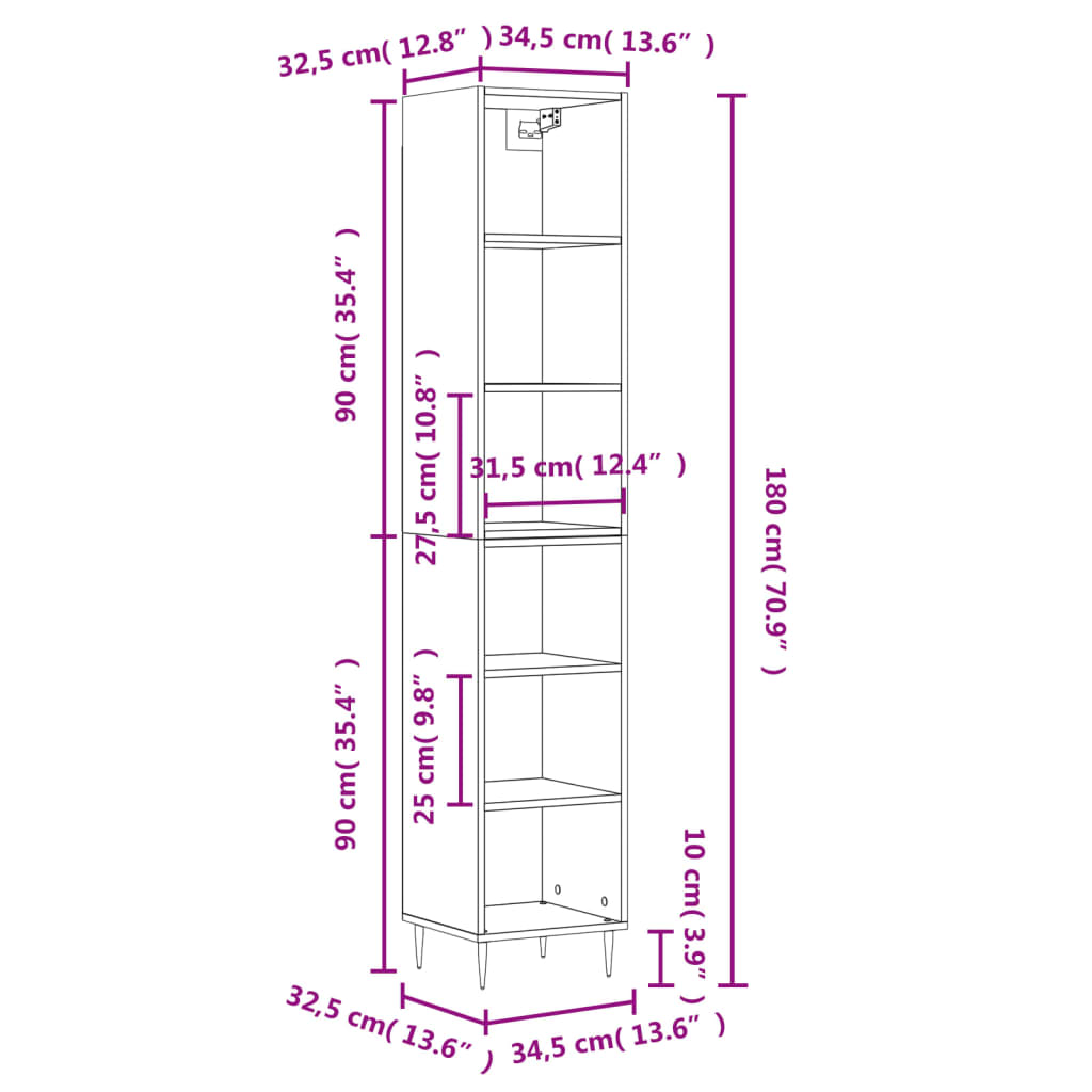 vidaXL Hoge kast 34,5x32,5x180 cm bewerkt hout wit