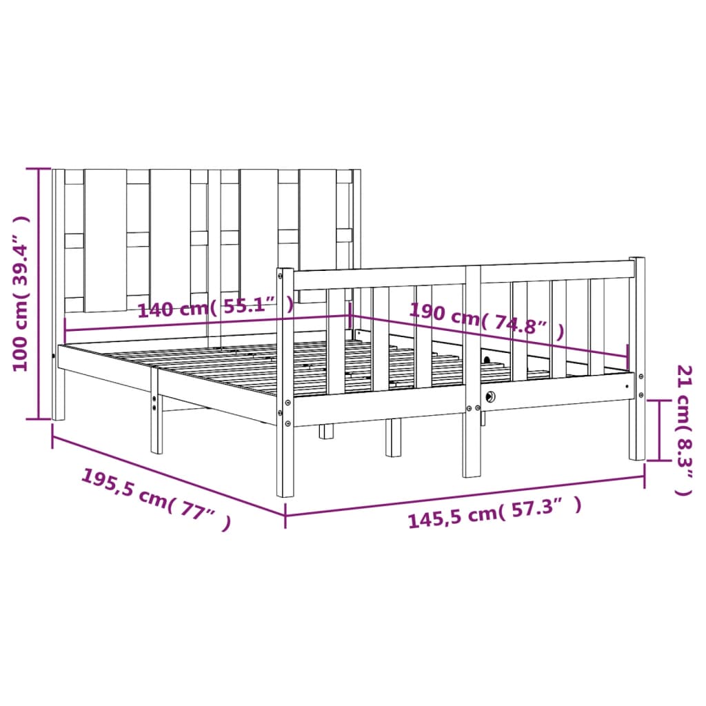 vidaXL Bedframe met hoofdbord massief hout 140x190 cm