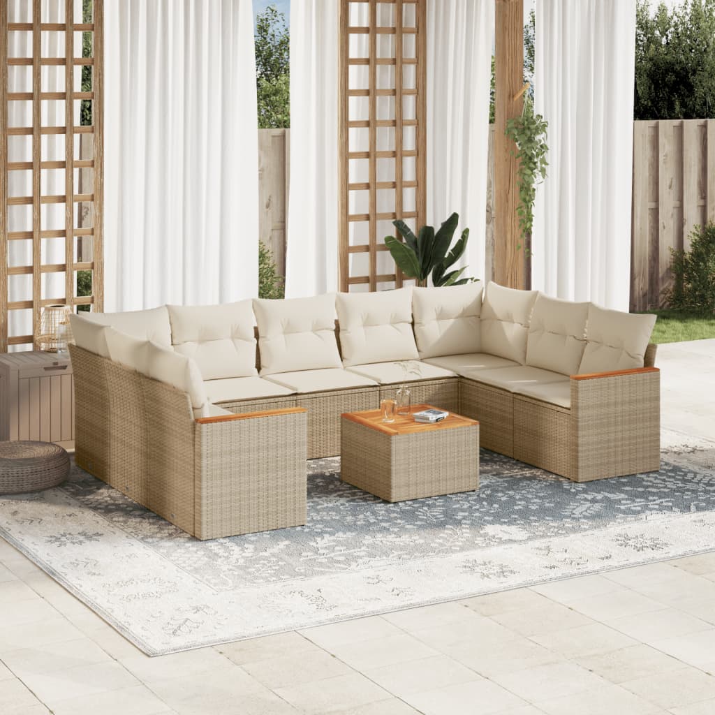 vidaXL 10-delige Loungeset met kussens poly rattan beige