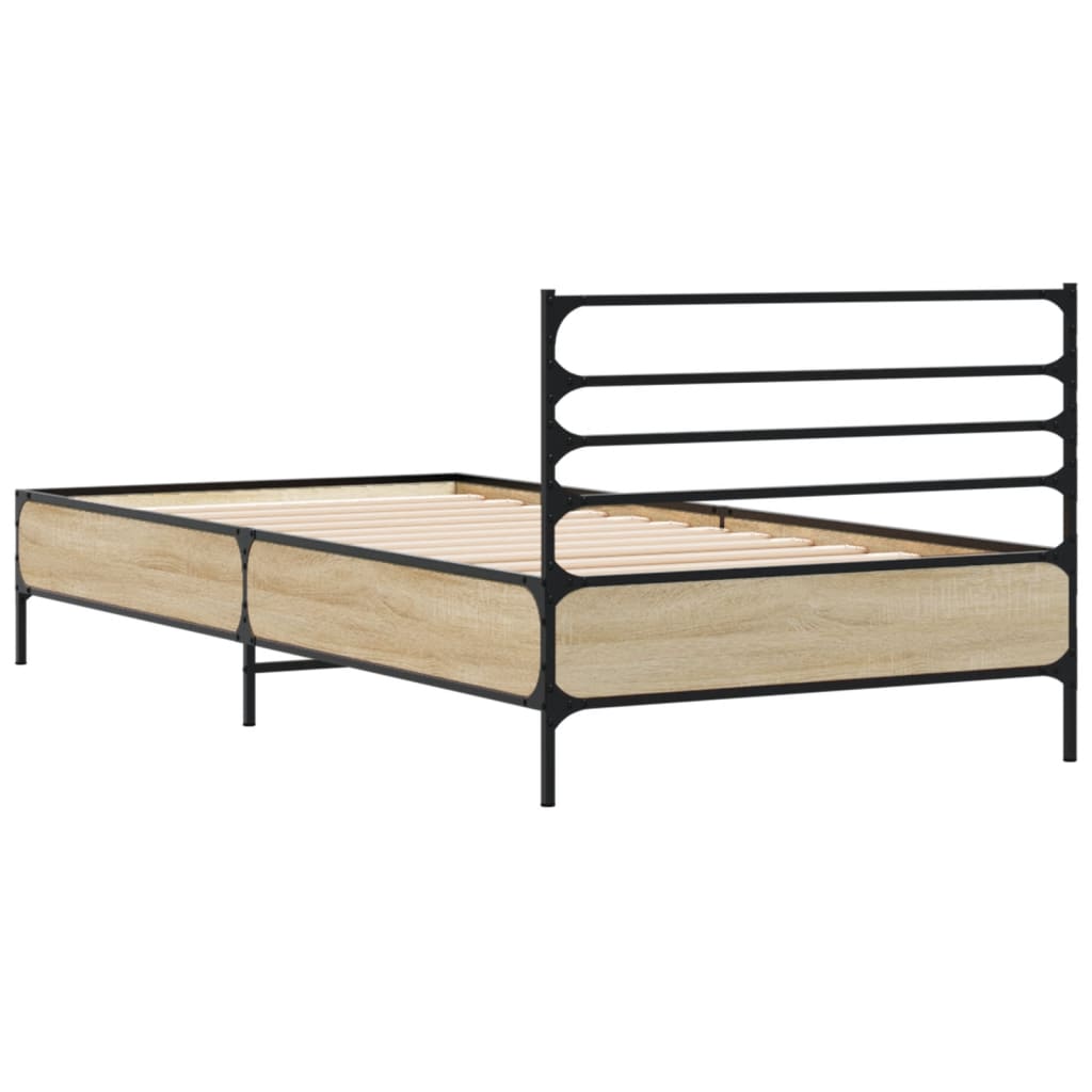 vidaXL Bedframe bewerkt hout en metaal sonoma eikenkleurig 90x190 cm