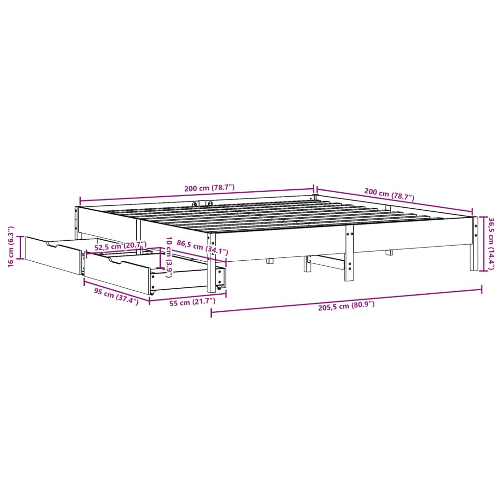 vidaXL Bedframe zonder matras massief grenenhout wasbruin 200x200 cm