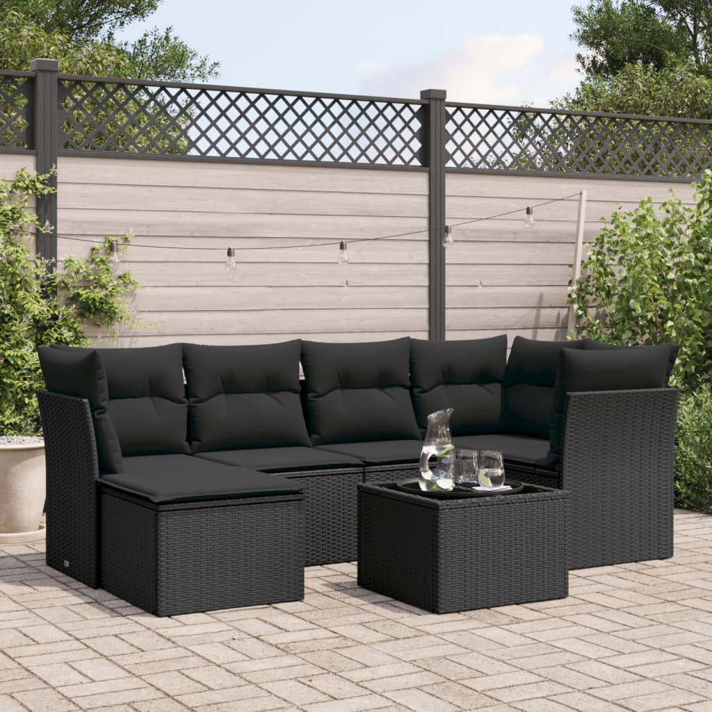 vidaXL 7-delige Loungeset met kussens poly rattan zwart