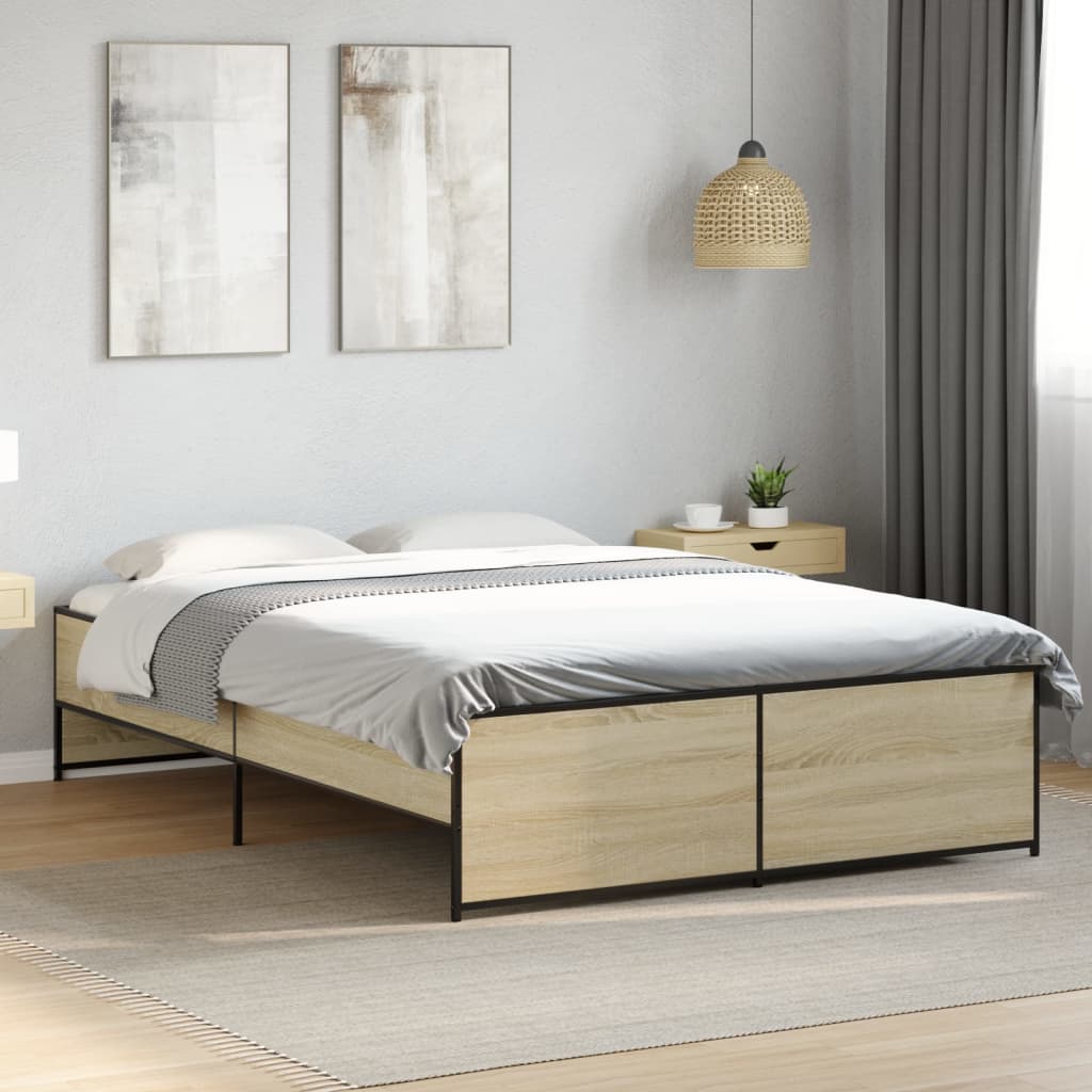 vidaXL Bedframe bewerkt hout metaal sonoma eikenkleurig 90x190 cm