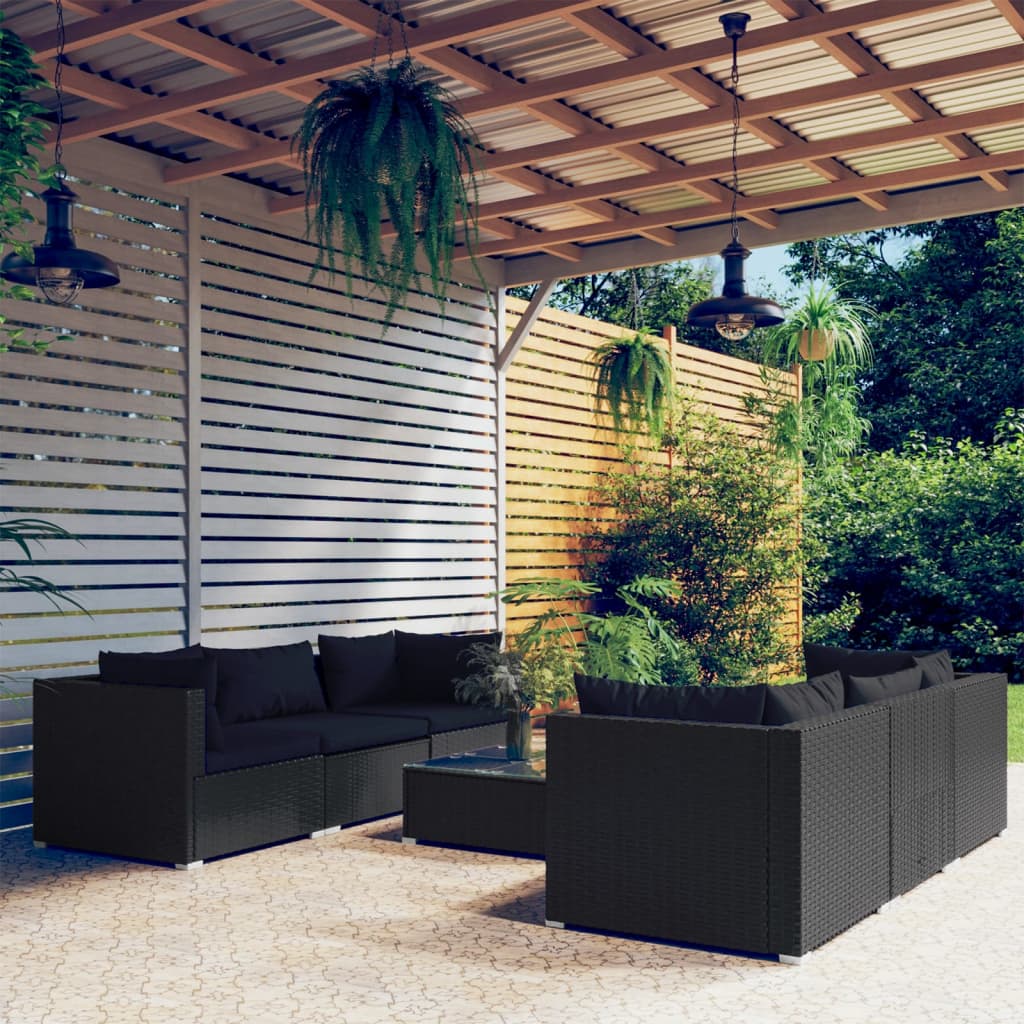 vidaXL 7-delige Loungeset met kussens poly rattan zwart