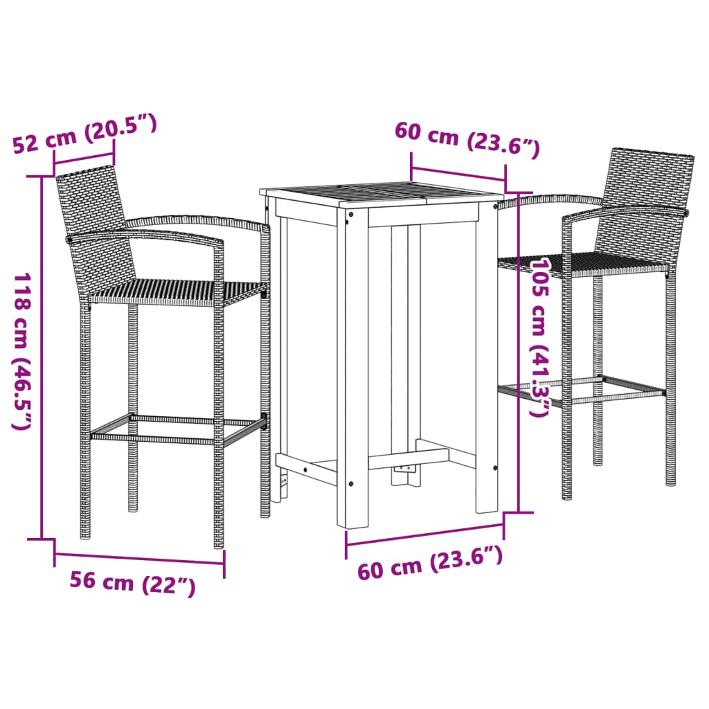 vidaXL 3-delige Tuinbarset massief acaciahout en poly rattan grijs