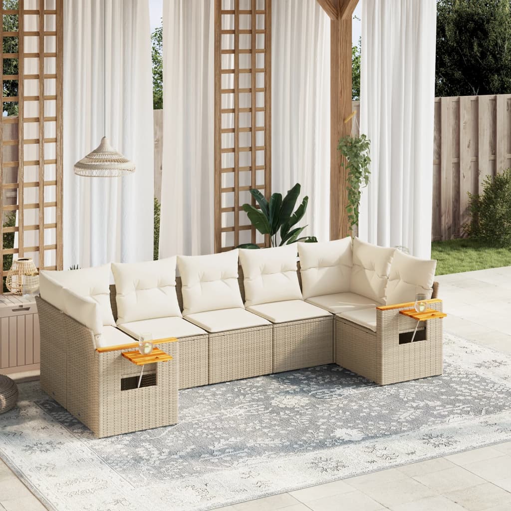 vidaXL 7-delige Loungeset met kussens poly rattan beige