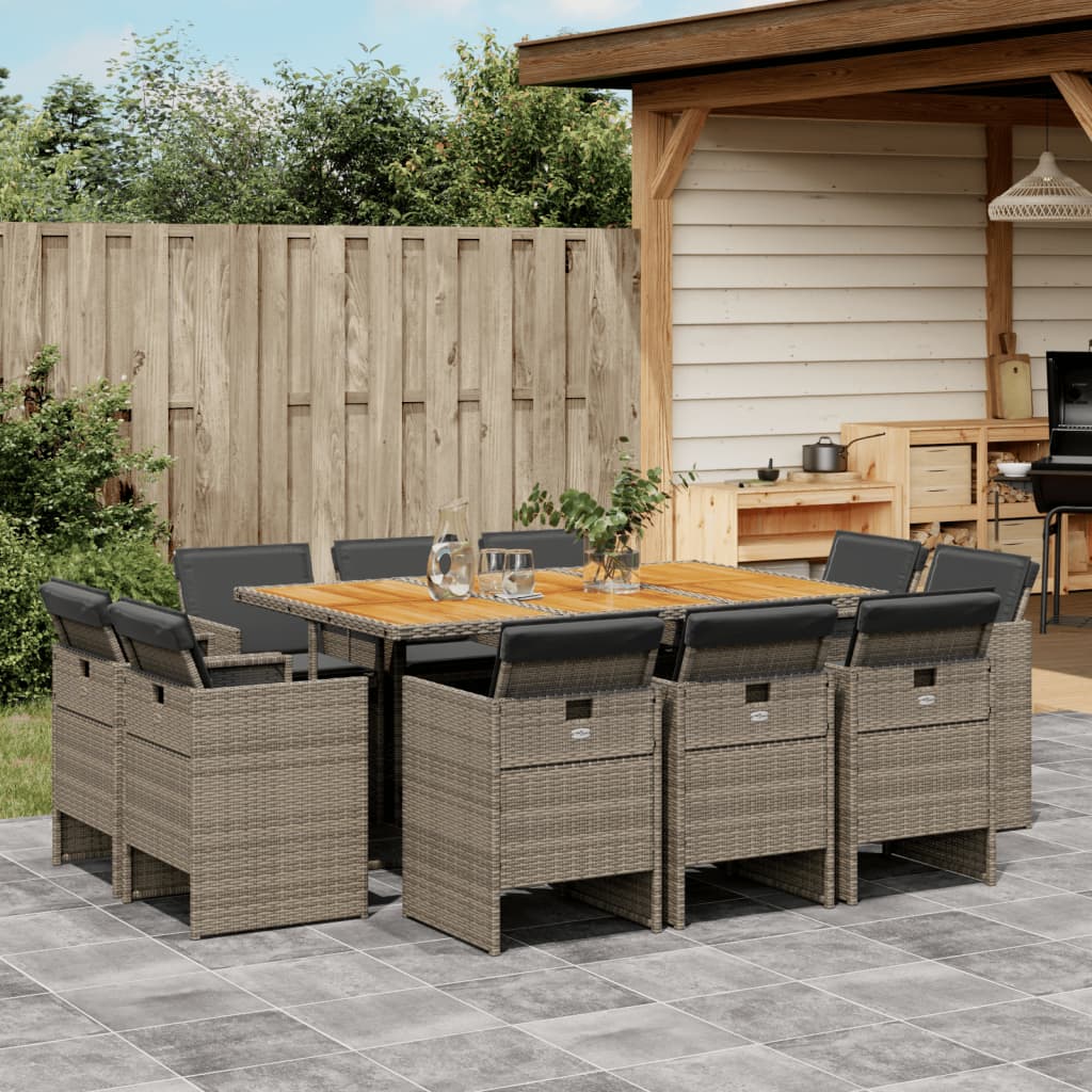 vidaXL 11-delige Tuinset met kussens poly rattan grijs