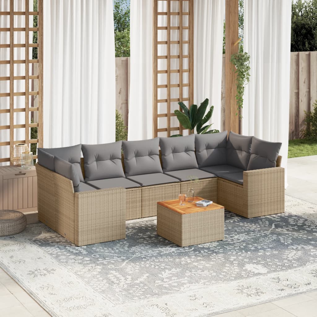 vidaXL 8-delige Loungeset met kussens poly rattan gemengd beige