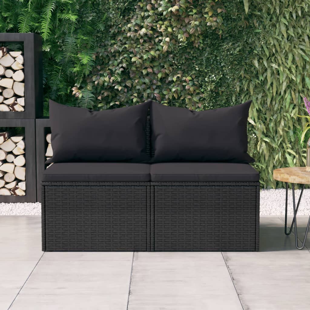 vidaXL Tuinmiddenbanken met kussens 2 st poly rattan zwart