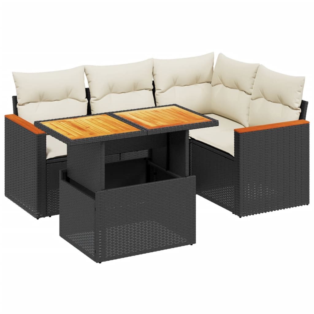 vidaXL 5-delige Loungeset met kussens poly rattan zwart