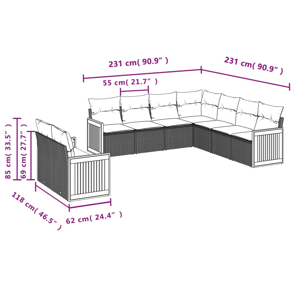 vidaXL 9-delige Loungeset met kussens poly rattan beige