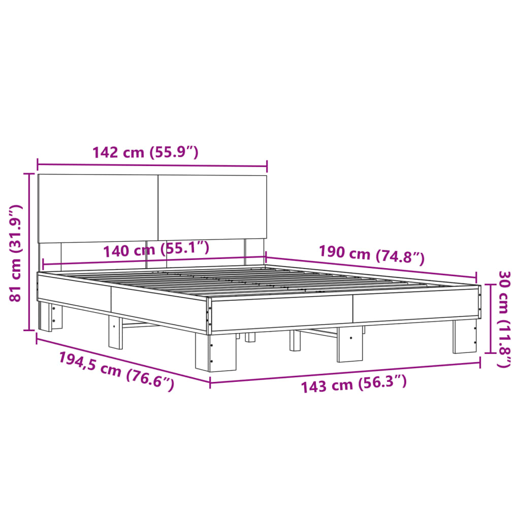 vidaXL Bedframe bewerkt hout metaal sonoma eikenkleurig 90x190 cm