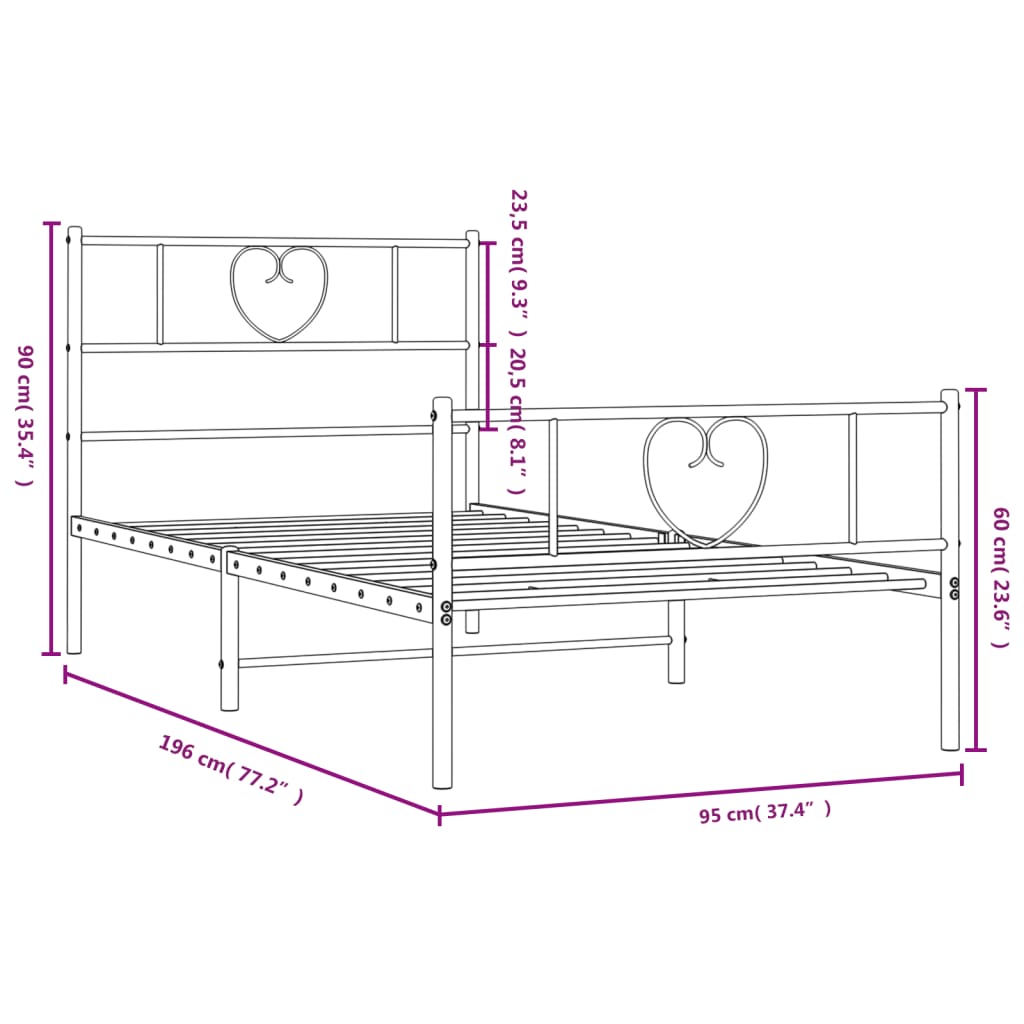 vidaXL Bedframe met hoofd- en voeteneinde metaal zwart 90x190 cm