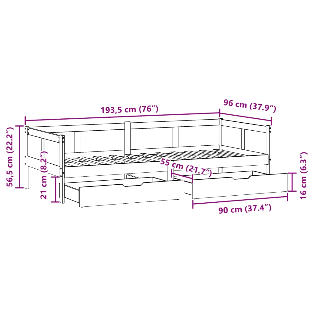 vidaXL Slaapbank met lades 90x190 cm massief grenenhout wit