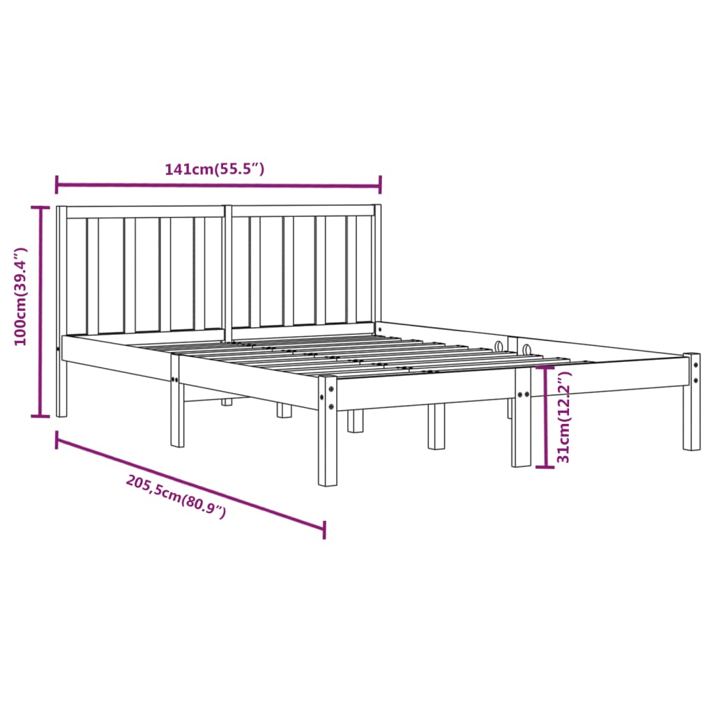 vidaXL Bedframe massief grenenhout zwart 135x190 cm