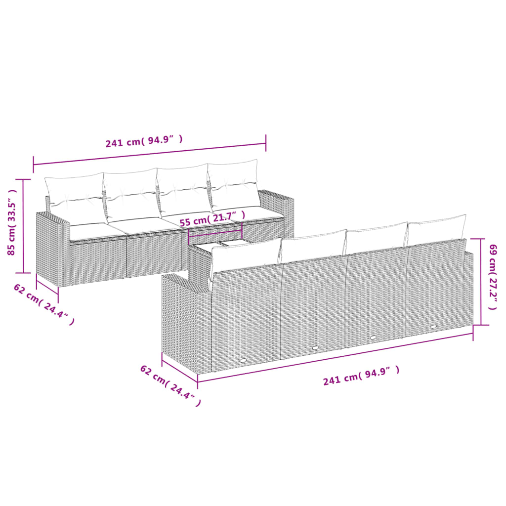 vidaXL 9-delige Loungeset met kussens poly rattan zwart