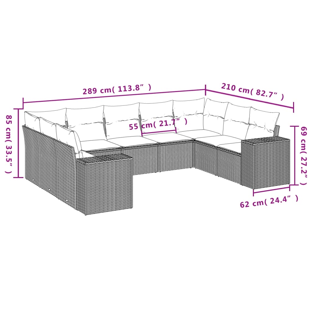 vidaXL 9-delige Loungeset met kussens poly rattan beige