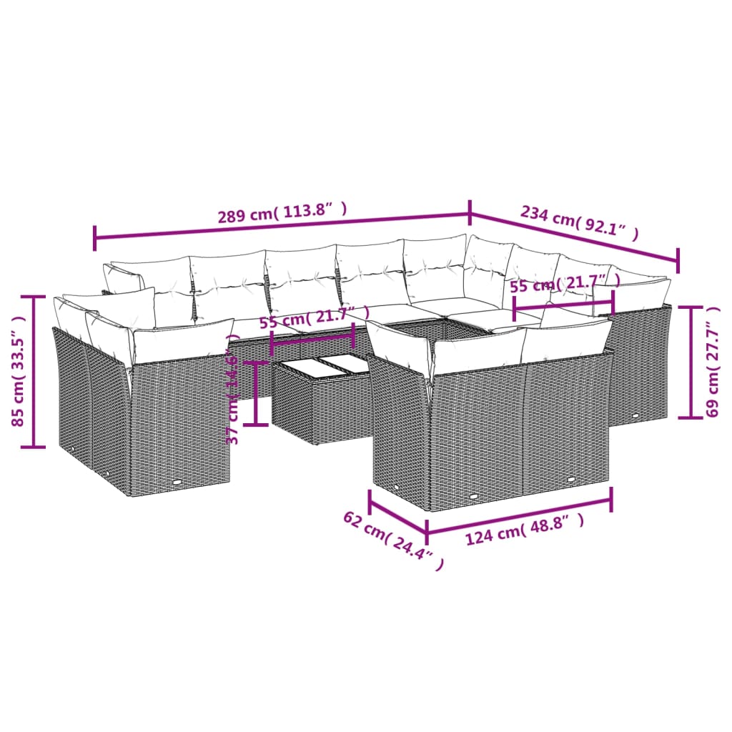 vidaXL 13-delige Loungeset met kussens poly rattan zwart