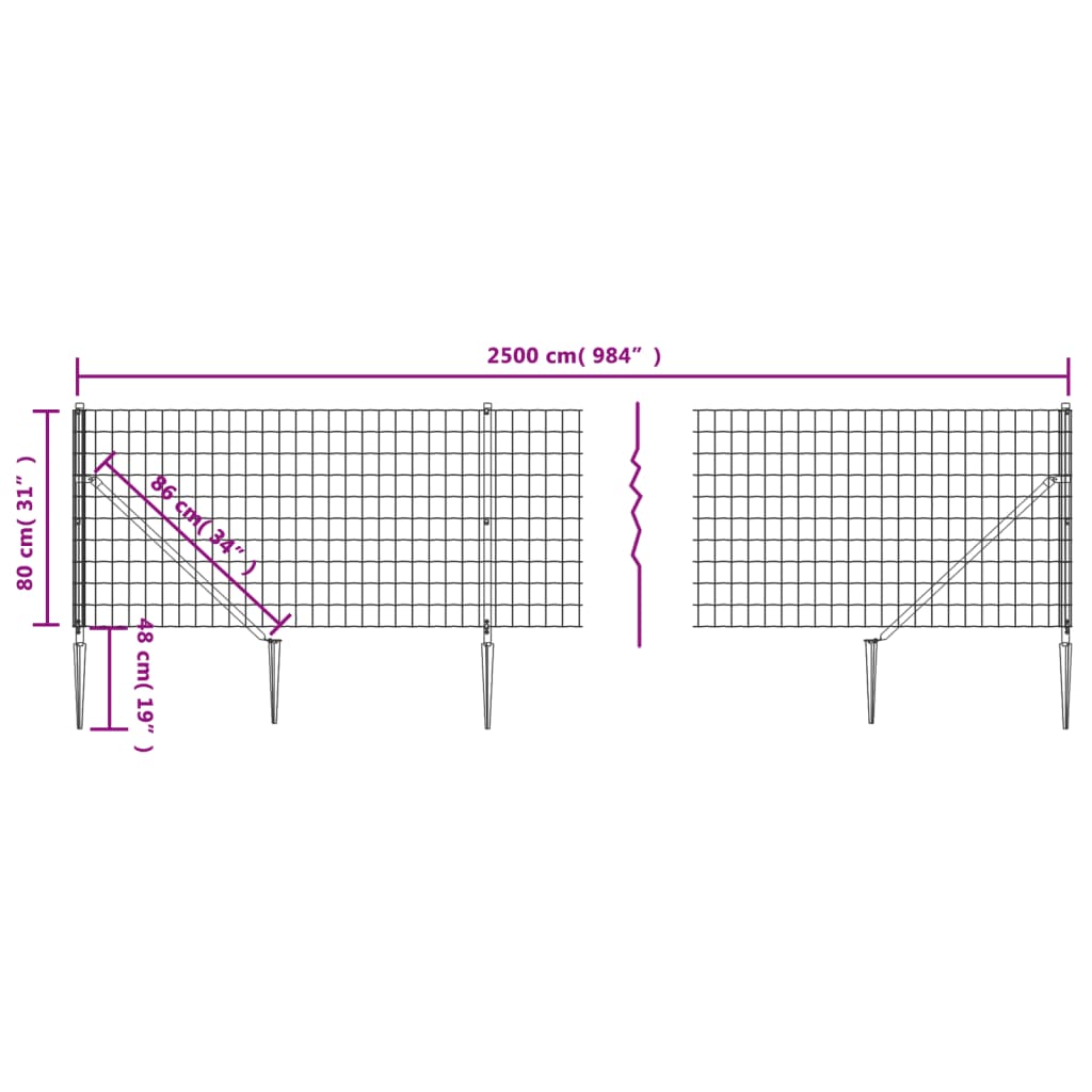 vidaXL Draadgaashek met grondankers 0,8x25 m antracietkleurig