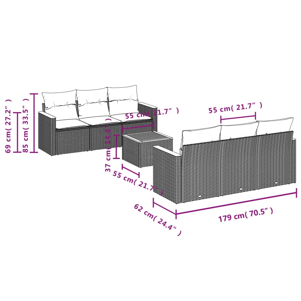 vidaXL 7-delige Loungeset met kussens poly rattan beige