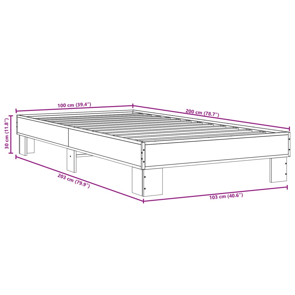 vidaXL Bedframe bewerkt hout en metaal gerookt eikenkleurig 100x200 cm