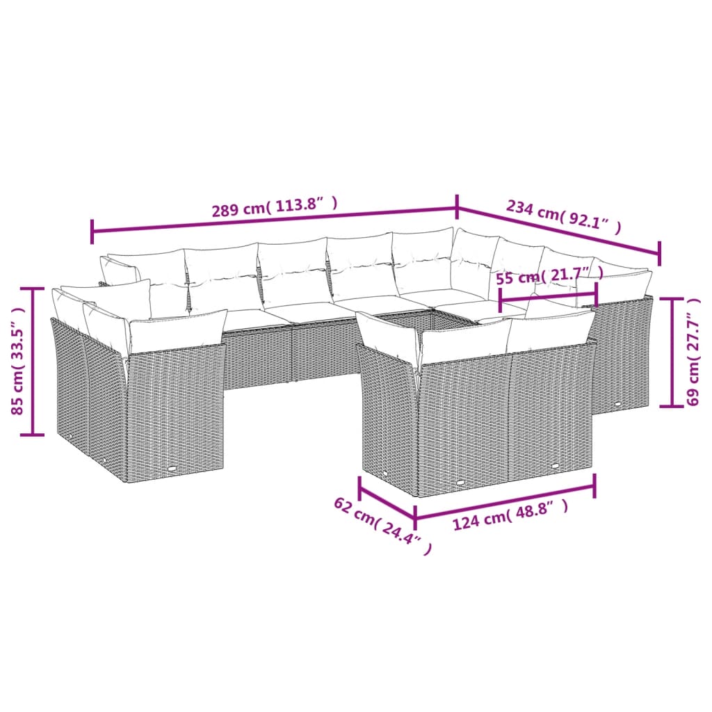 vidaXL 12-delige Loungeset met kussens poly rattan zwart