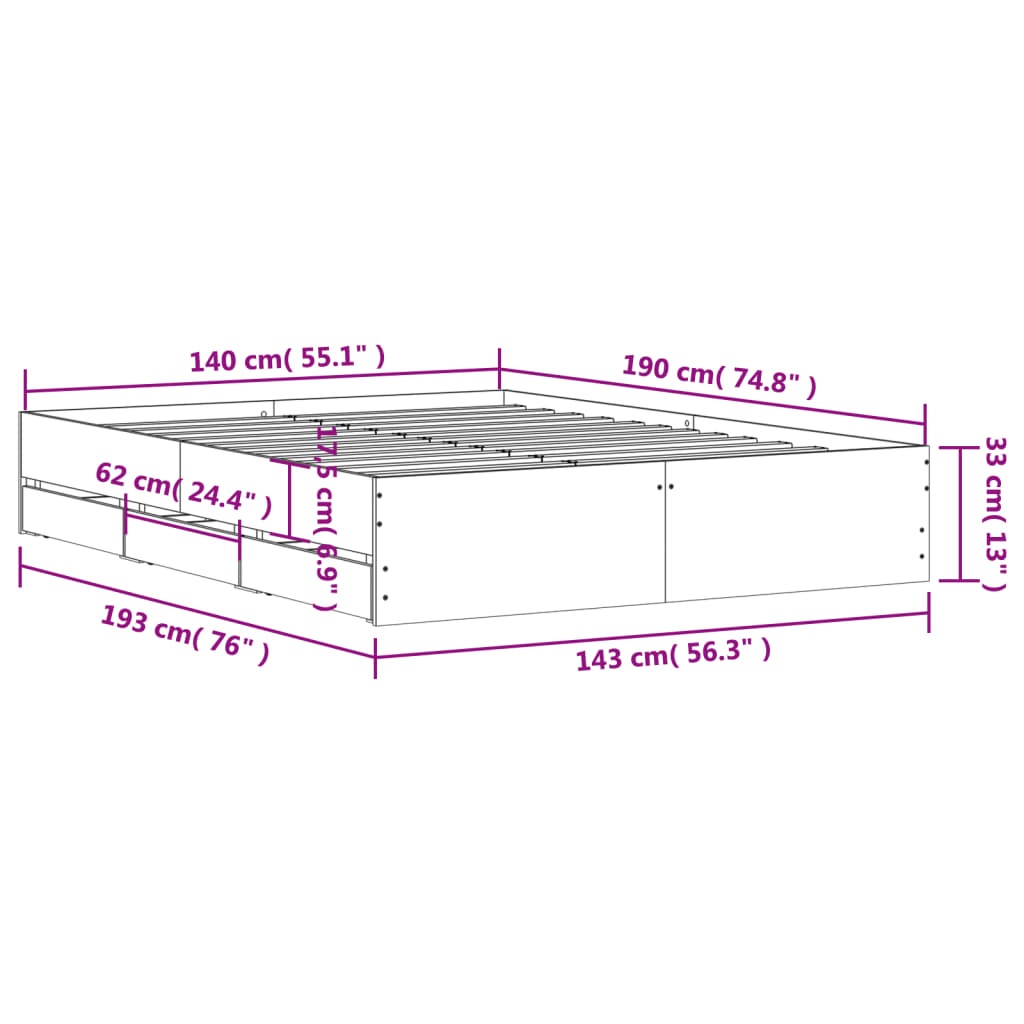 vidaXL Bedframe met lades bewerkt hout grijs sonoma eiken 140x190 cm