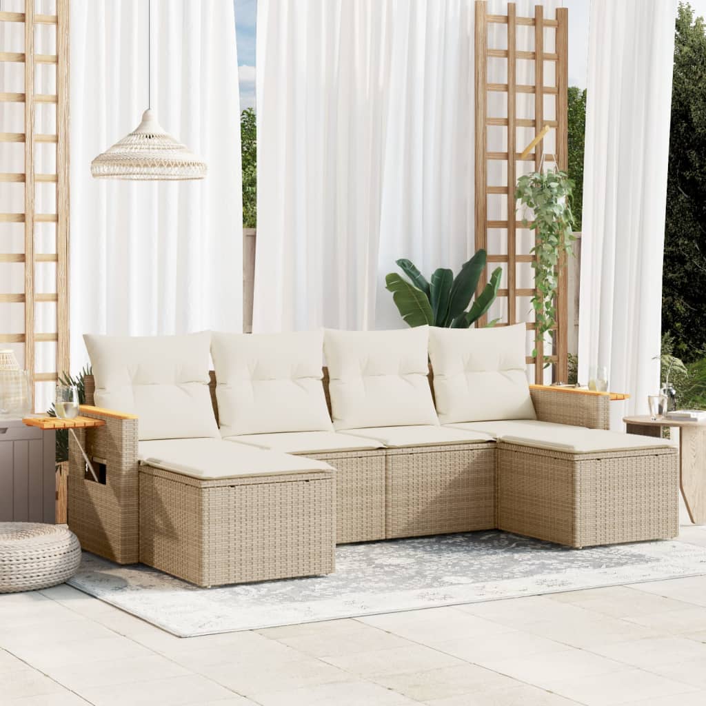 vidaXL 6-delige Loungeset met kussens poly rattan beige