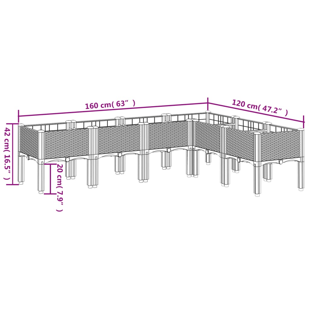 vidaXL Plantenbak met poten 160x120x42 cm polypropeen lichtgrijs