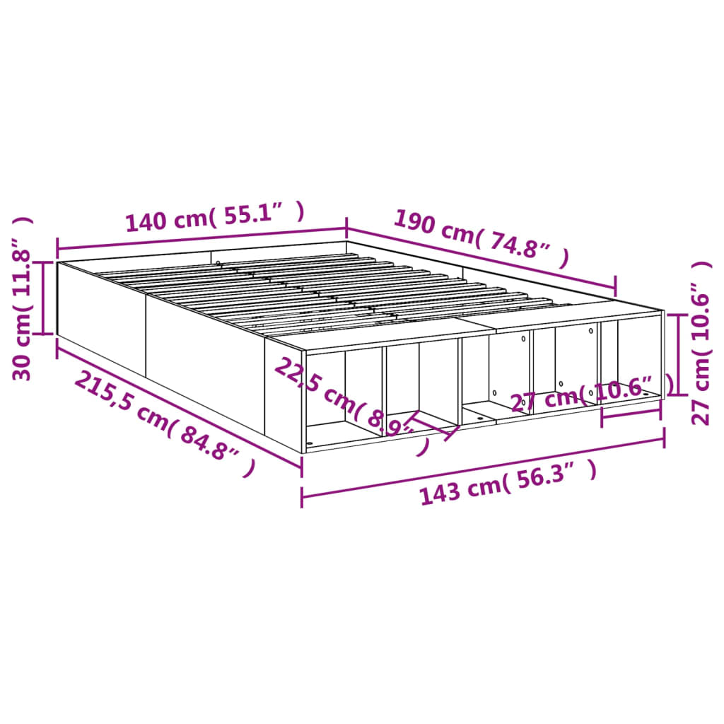 vidaXL Bedframe bewerkt hout grijs sonoma eikenkleurig 140x190 cm