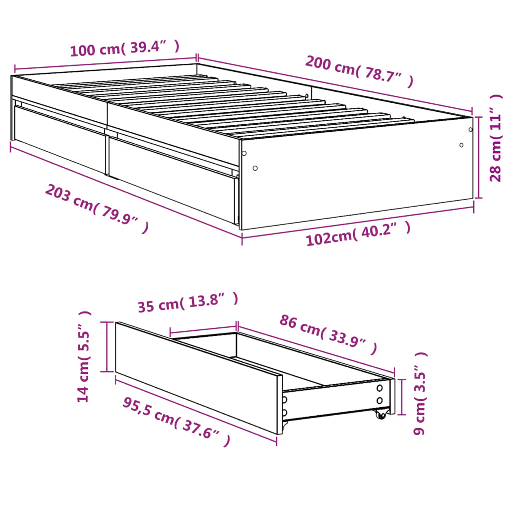 vidaXL Bedframe met lades bewerkt hout gerookt eikenkleurig 100x200 cm