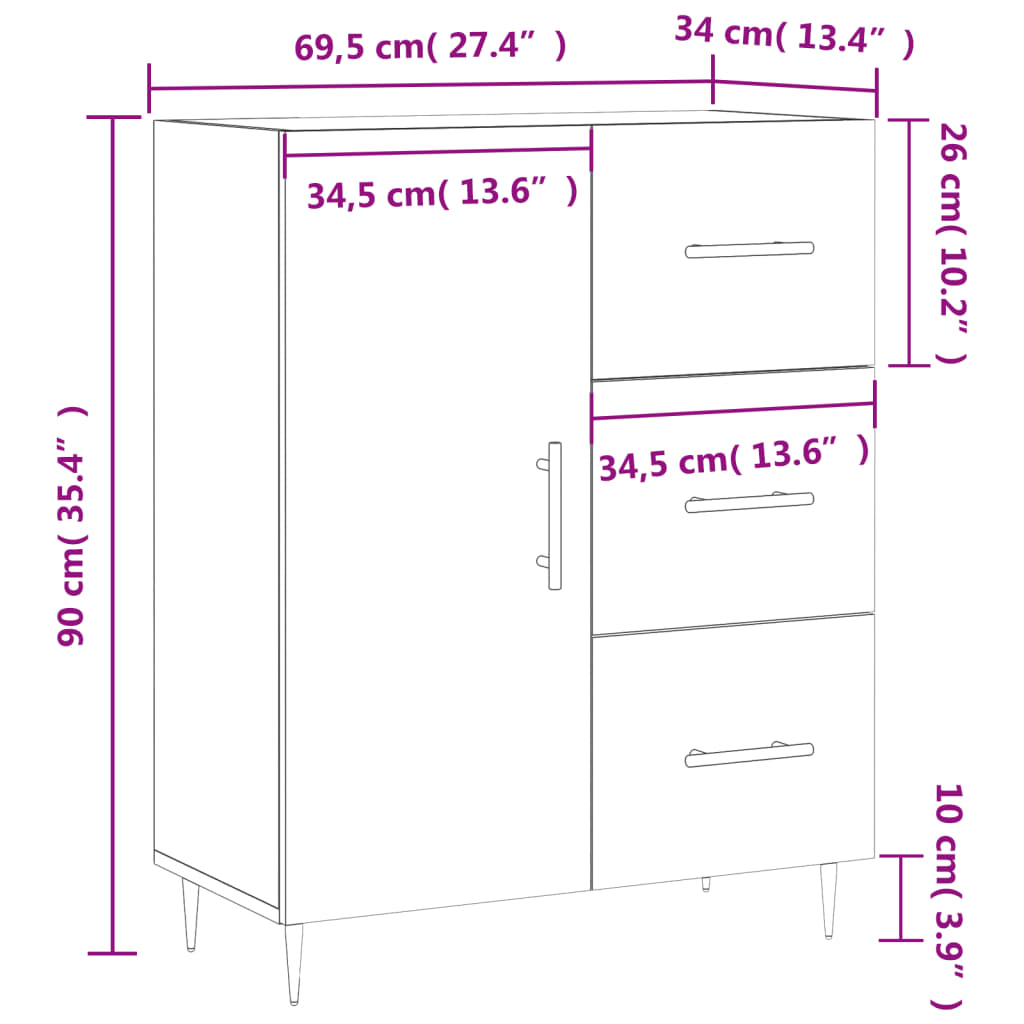 vidaXL Dressoir 69,5x34x90 cm bewerkt hout wit