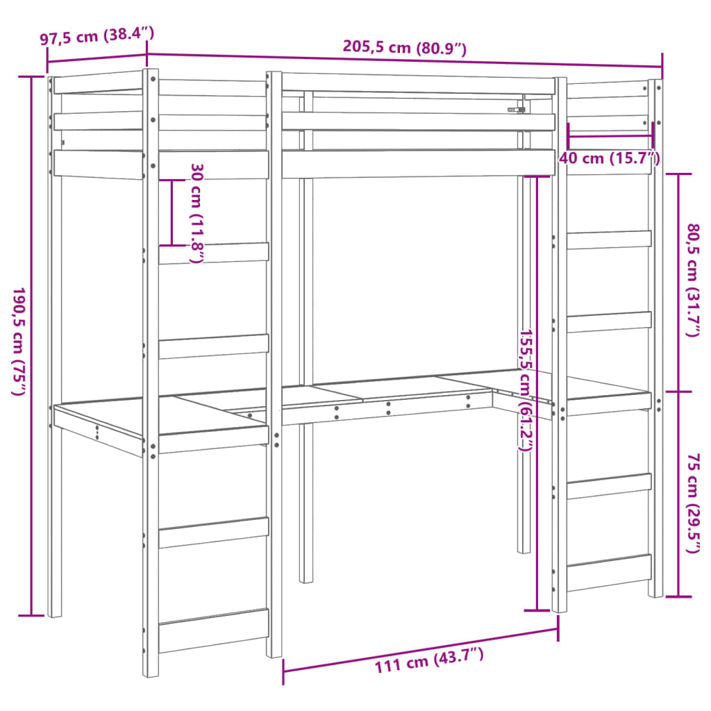 vidaXL Hoogslaper met bureau massief grenenhout 90x200 cm