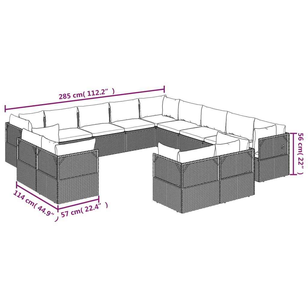 vidaXL 13-delige Loungeset met kussens poly rattan grijs