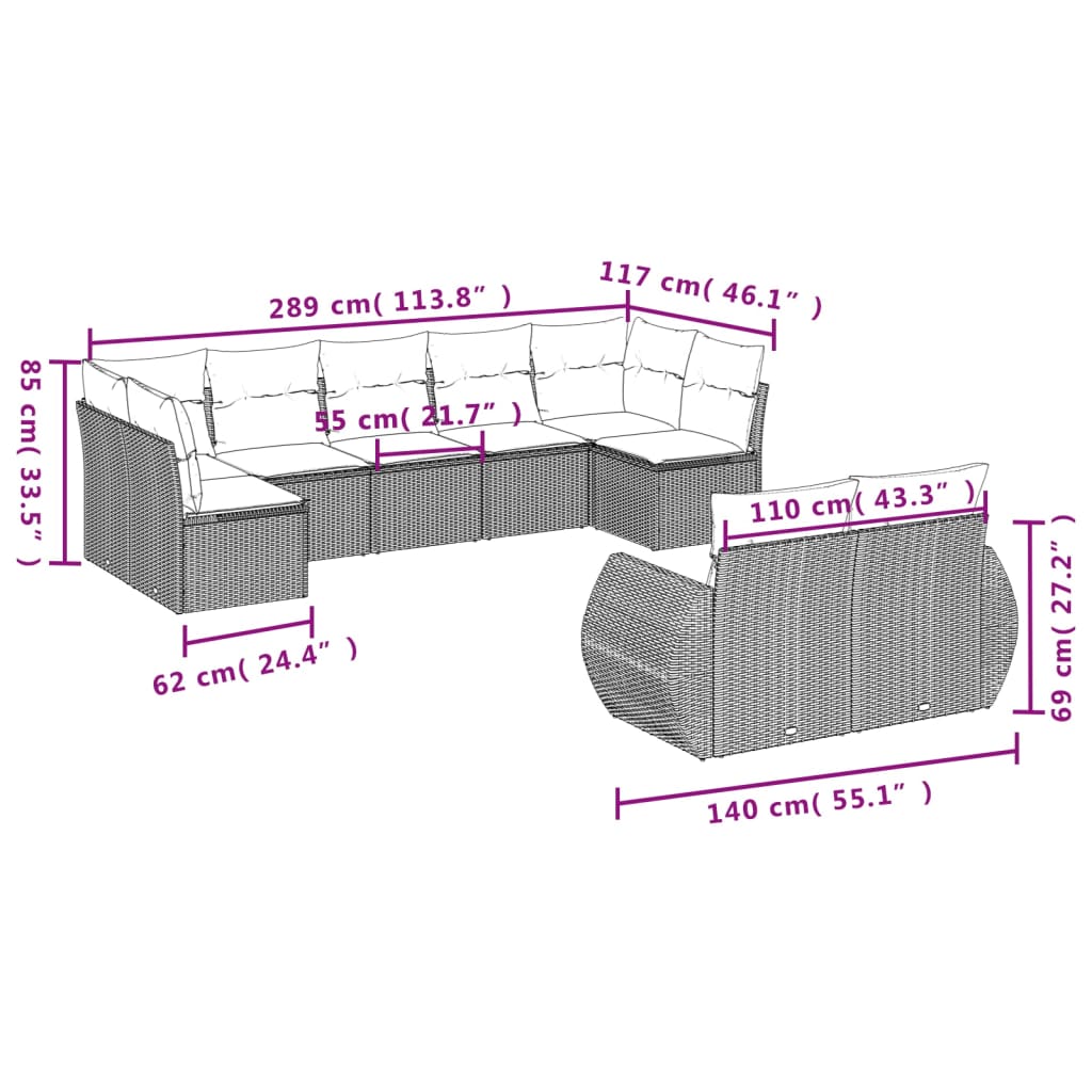 vidaXL 9-delige Loungeset met kussens poly rattan zwart