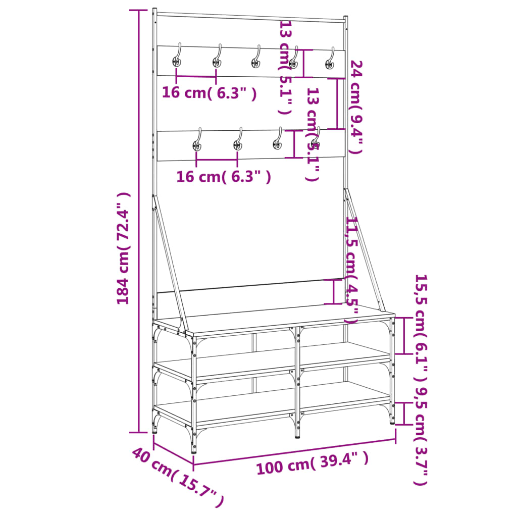 vidaXL Kledingrek met schoenenrek 100x40x184 cm gerookt eikenkleurig