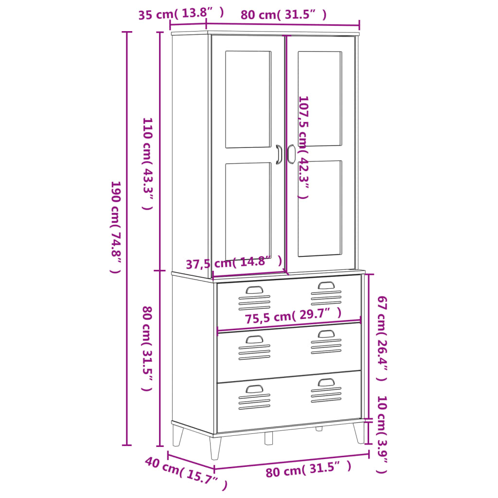 vidaXL Hoge kast VIKEN 80x40x190 cm massief grenenhout antracietgrijs