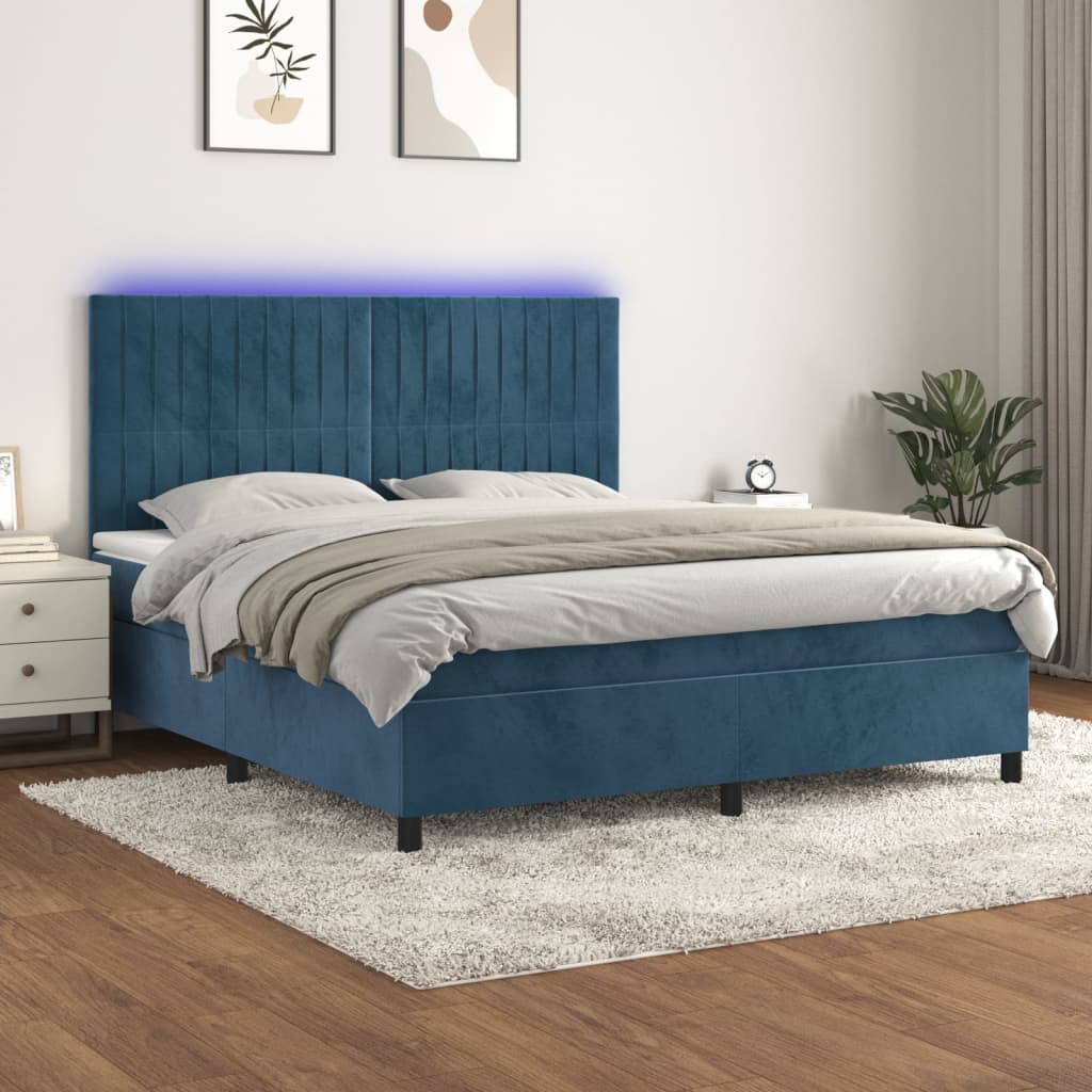 vidaXL Boxspring met matras en LED fluweel donkerblauw 160x200 cm