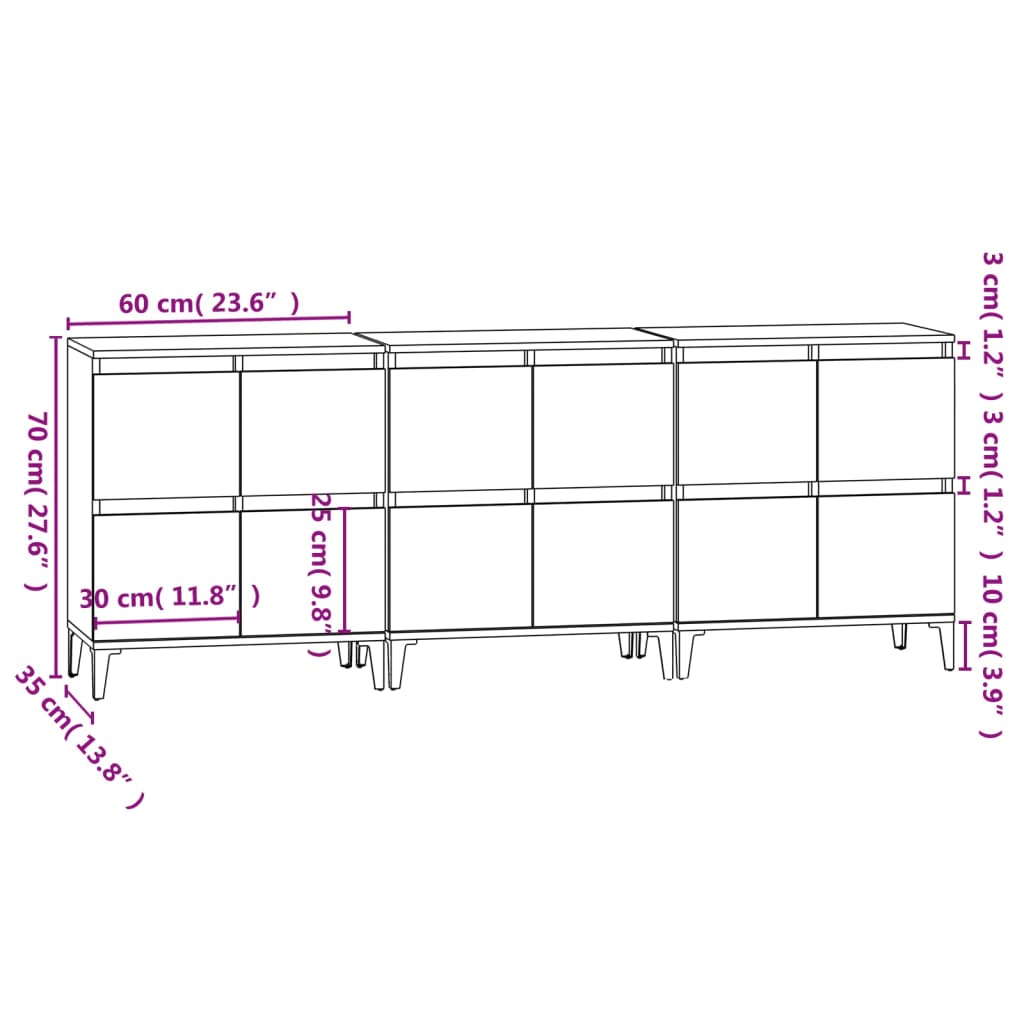 vidaXL Dressoirs 3 st 60x35x70 cm bewerkt hout grijs sonoma eikenkleur