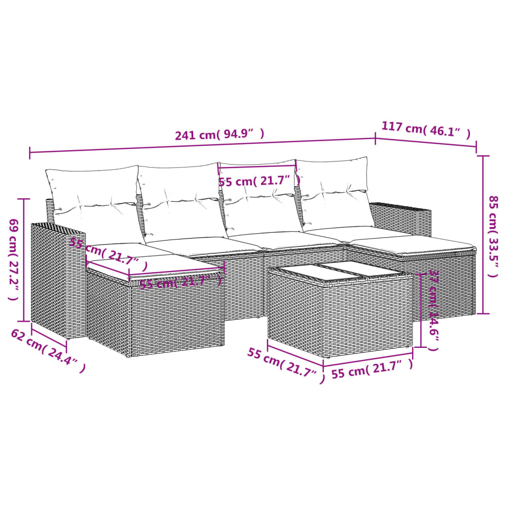 vidaXL 7-delige Loungeset met kussens poly rattan grijs