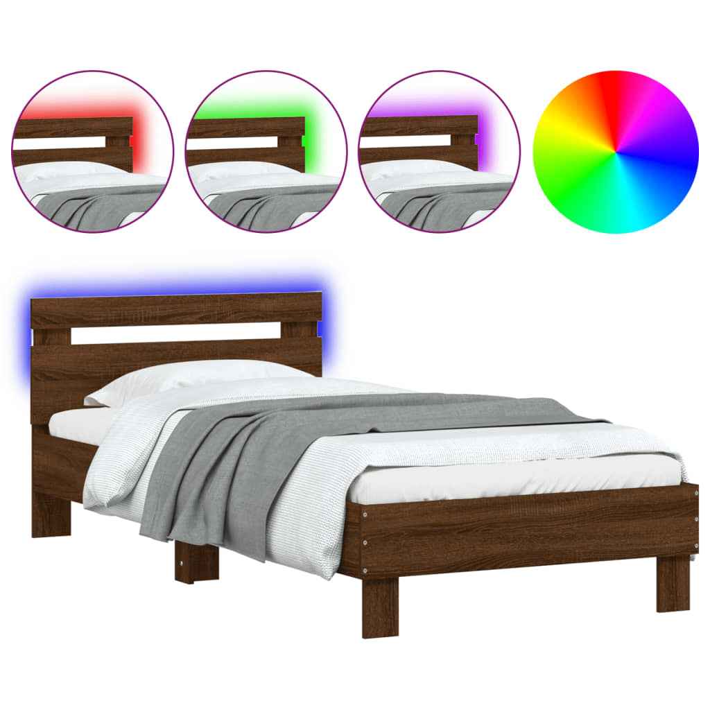 vidaXL Bedframe met hoofdbord en LED bruin eikenkleur 75x190 cm