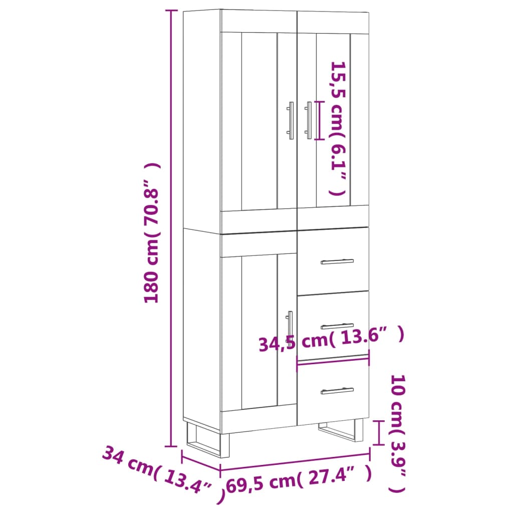 vidaXL Hoge kast 69,5x34x180 cm bewerkt hout gerookt eikenkleurig