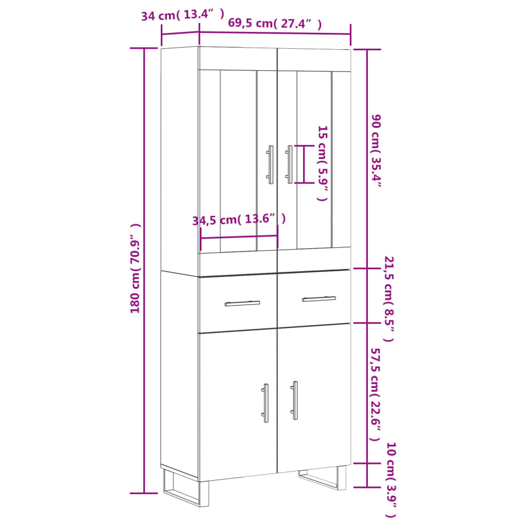 vidaXL Hoge kast 69,5x34x180 cm bewerkt hout betongrijs