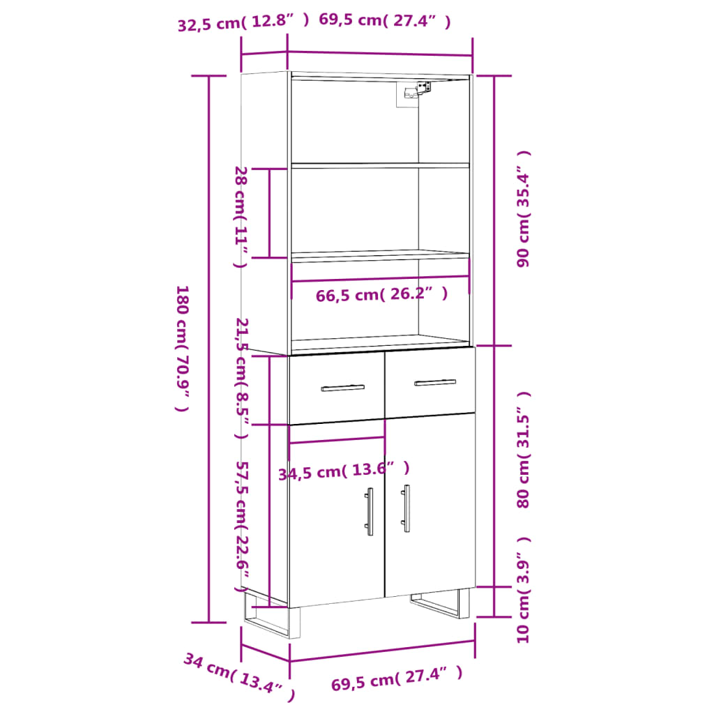 vidaXL Hoge kast 69,5x34x180 cm bewerkt hout zwart