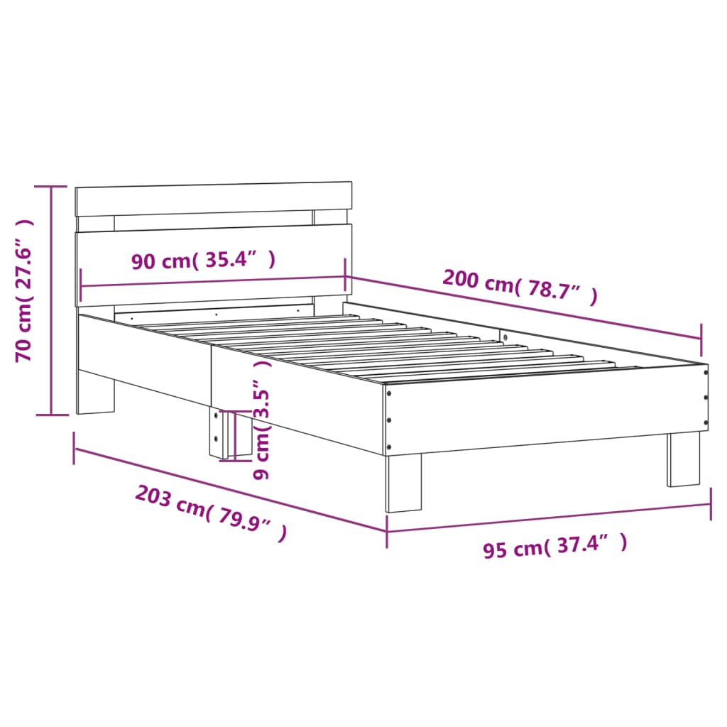 vidaXL Bedframe met hoofdbord en LED-verlichting zwart 90x200 cm