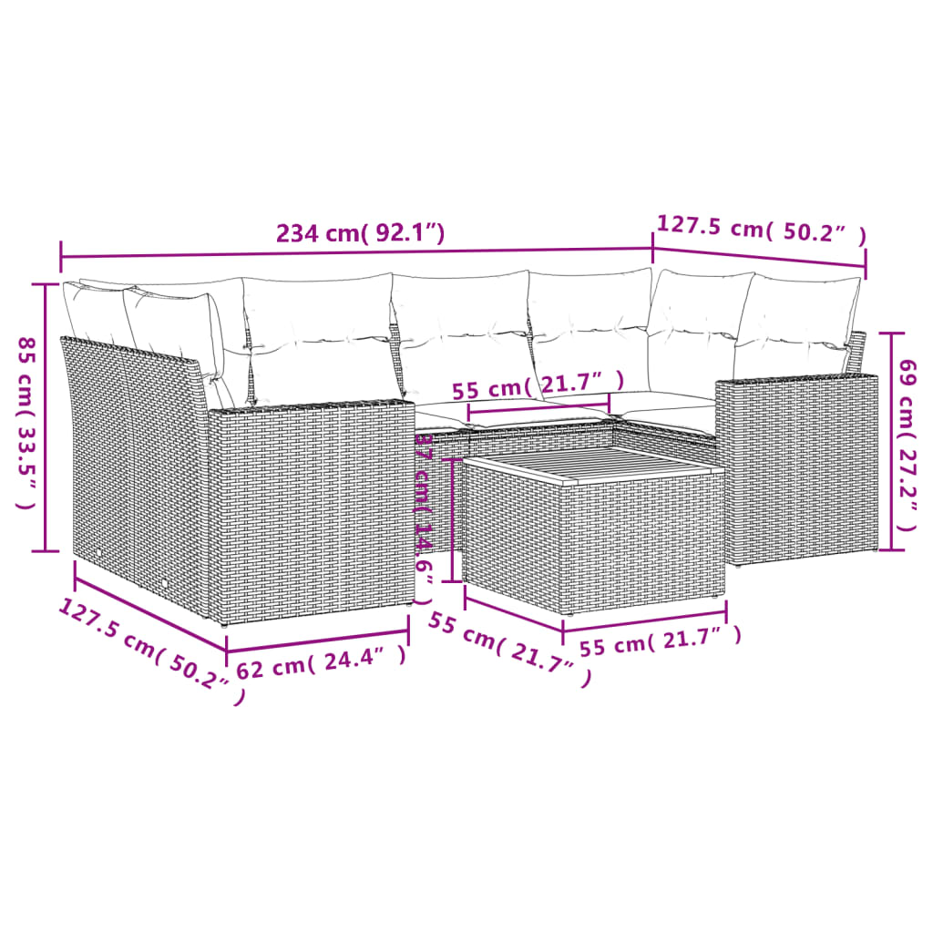 vidaXL 7-delige Loungeset met kussens poly rattan zwart