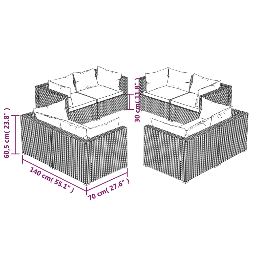 vidaXL 8-delige Loungeset met kussens poly rattan zwart